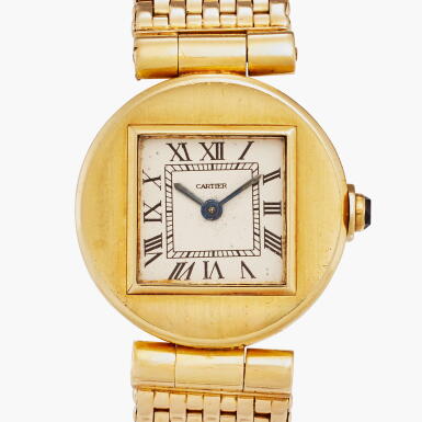 View full screen - View 1 of Lot 58. Pebble | New York retailed: A very rare yellow gold wristwatch with geometric off-set dial, Circa 1945 .