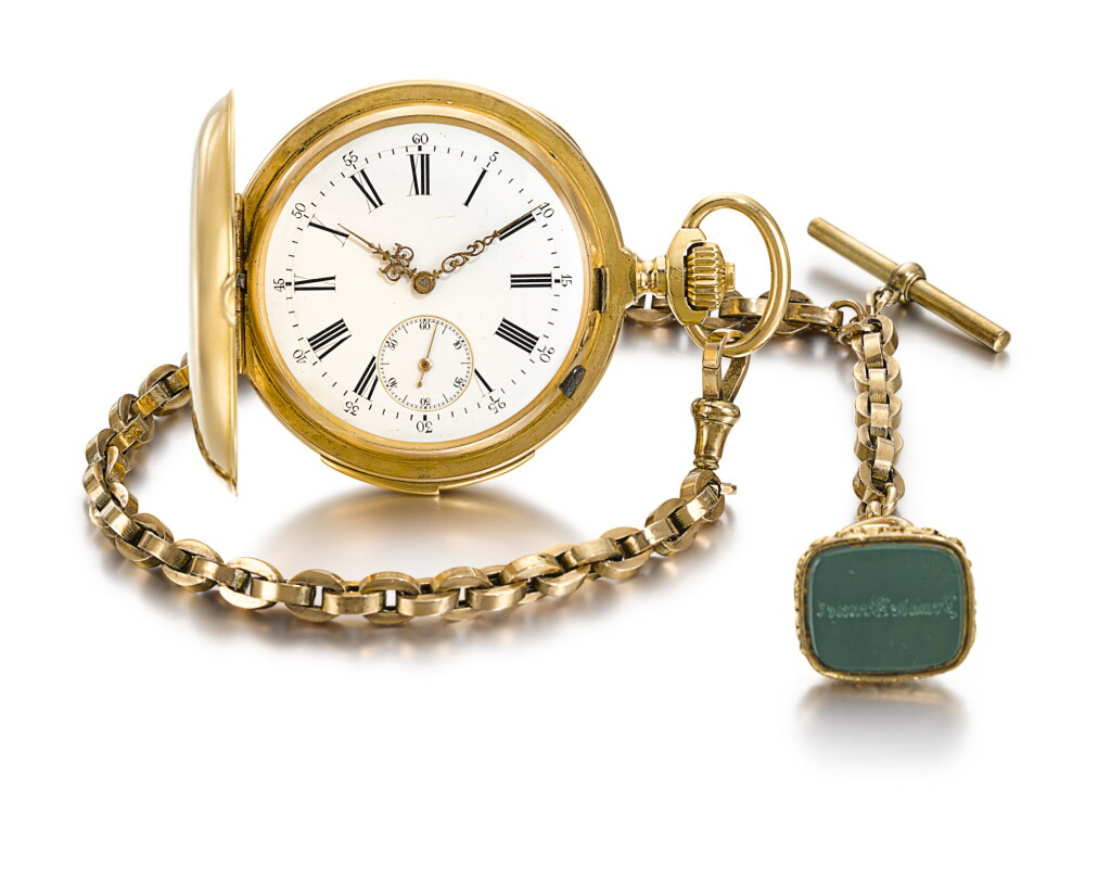 View full screen - View 1 of Lot 104. SWISS | A GOLD HUNTING CASED MINUTE REPEATING KEYLESS LEVER WATCH CIRCA 1890, NO. 93104.