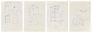 View full screen - View 1 of Lot 40. LUCIO FONTANA | STUDI PER CAPPELLA FUNEBRE; STUDI PER CAPPELLA FUNEBRE; STUDI DI ARCHITETTURA; STUDI PER UN MOBILE (RECTO), STUDI DI ARCHITETTURA (VERSO).