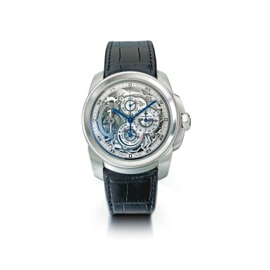 View full screen - View 1 of Lot 985. CARTIER | REF 3367 CALIBRE DE CARTIER GRAND COMPLICATION, A PLATINUM TOURBILLON PERPETUAL CALENDAR SINGLE-BUTTON CHRONOGRAPH WRISTWATCH WITH EIGHT DAY POWER RESERVE CIRCA 2011 | 卡地亞 |3367型號「CALIBRE DE CARTIER GRAND COMPLICATION」鉑金陀飛輪萬年曆單按鈕計時腕錶備8日動力儲存,年份約2011.