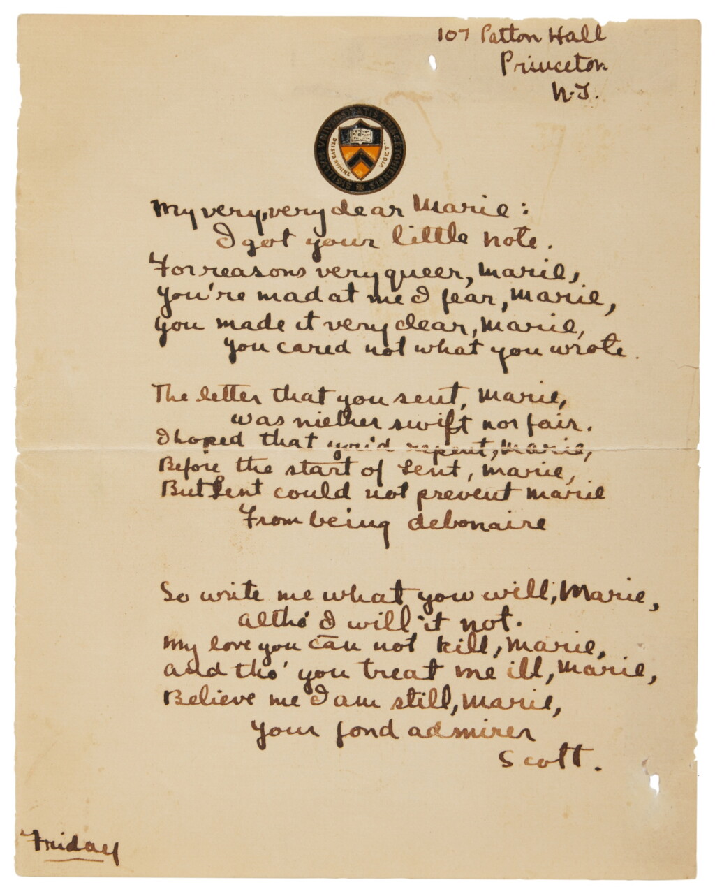 View full screen - View 1 of Lot 129. Fitzgerald, F. Scott | Autograph letter in verse, signed.