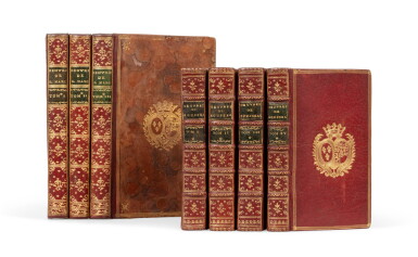 View full screen - View 1 of Lot 92. Réunion de 2 ouvrages en 7 volumes reliés aux armes de la comtesse de Provence.