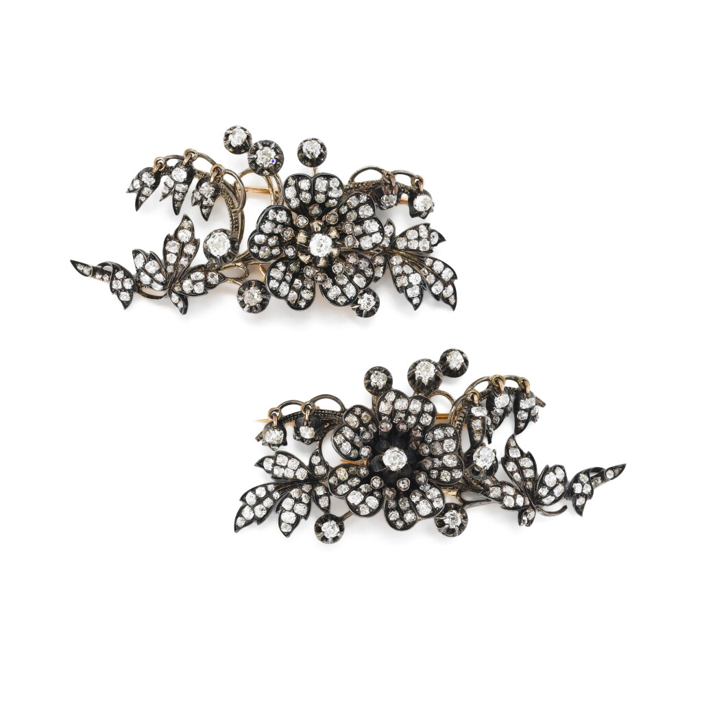 View full screen - View 1 of Lot 1062. A pair of diamond brooches, circa 1870.