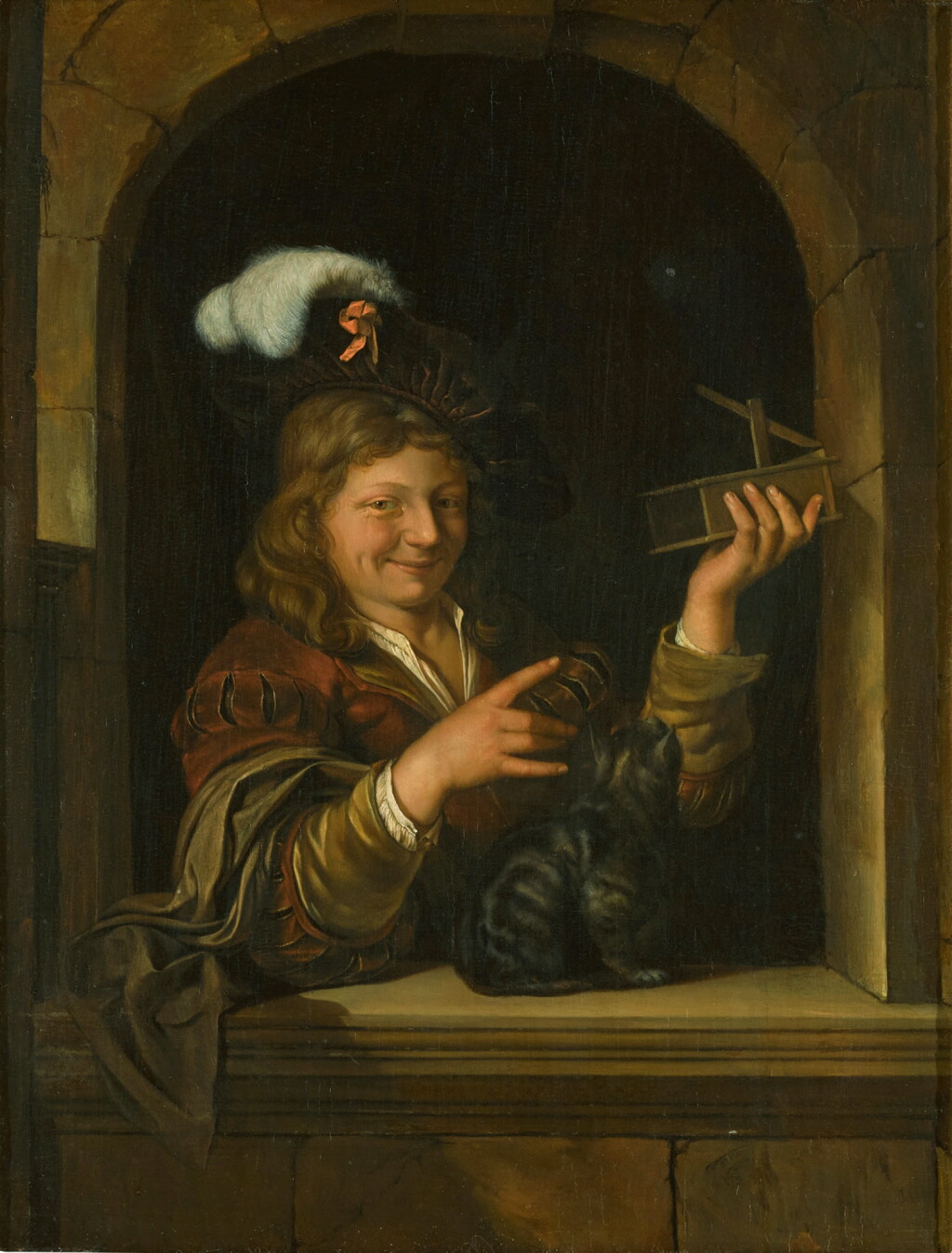 View full screen - View 1 of Lot 132. A boy holding a mousetrap with a cat at a window.