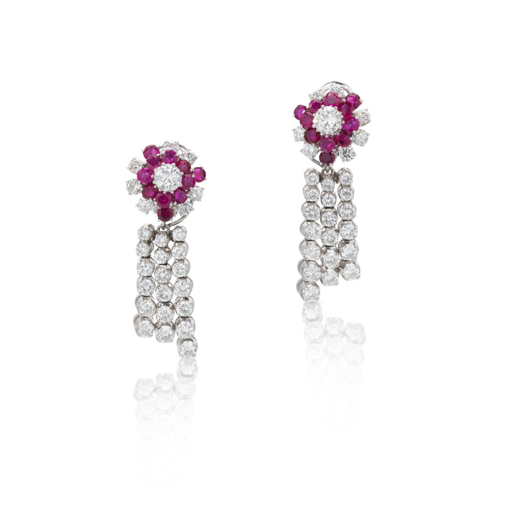 View full screen - View 1 of Lot 88. Ruby and diamond pendant ear clips | Paio di orecchini pendenti in rubini e diamanti .