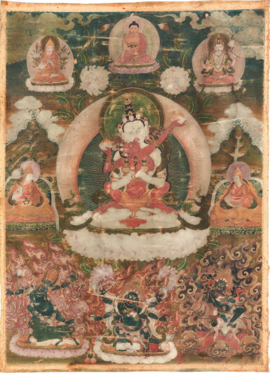 View full screen - View 1 of Lot 194. A thangka depicting Chakrasamvara, Qing dynasty, circa 18th century | 清約十八世紀 勝樂金剛唐卡 設色布本.