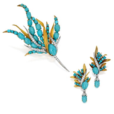 View full screen - View 1 of Lot 51. Sterlé | Gold, Turquoise and Diamond Brooch and Pair of Earclips, France.