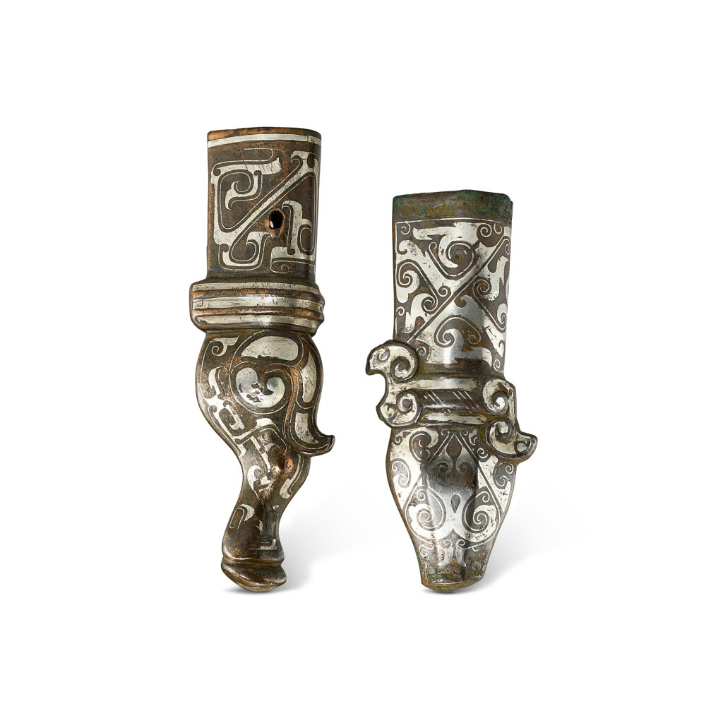 View full screen - View 1 of Lot 532. Two silver-inlaid bronze ferrules, Eastern Zhou dynasty 東周 銅錯銀鐏兩件.