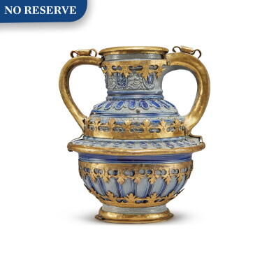 View full screen - View 1 of Lot 33. A German Stoneware Krug, Raeren or Westerwald, with Gilt-Metal Mounts, the Stoneware 17th Century; the Mounts Probably 17th Century.
