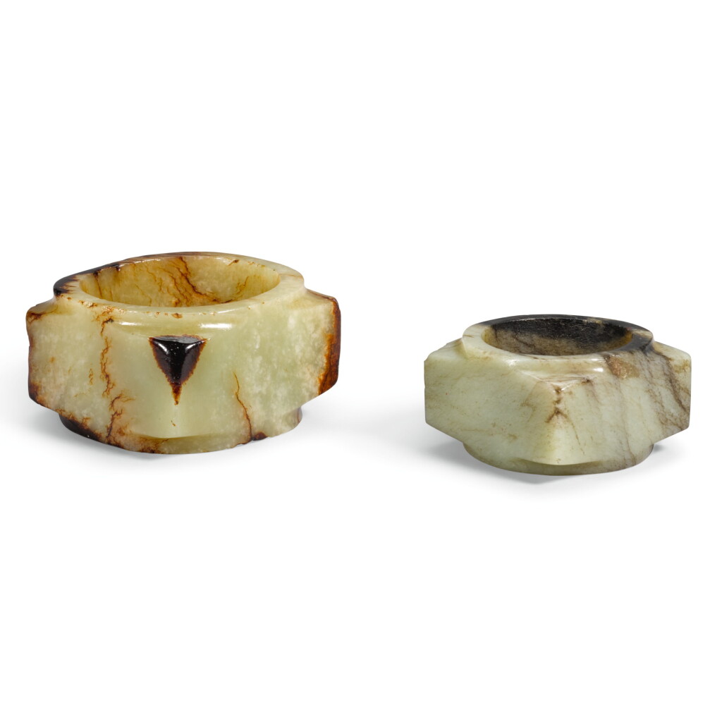 View full screen - View 1 of Lot 99. TWO SMALL JADE CONG, SHANG DYNASTY - WESTERN ZHOU DYNASTY | 商至西周 玉琮一組兩件.