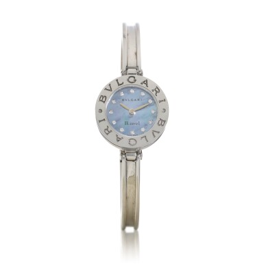 View full screen - View 1 of Lot 8326. B.ZERO1 | A stainless steel and diamond-set bangle watch with mother-of-pearl dial, Circa 2000 | 寶格麗 B.ZERO1 | 精鋼鑲鑽石手鐲腕錶,備珠母貝錶盤,約2000年製.