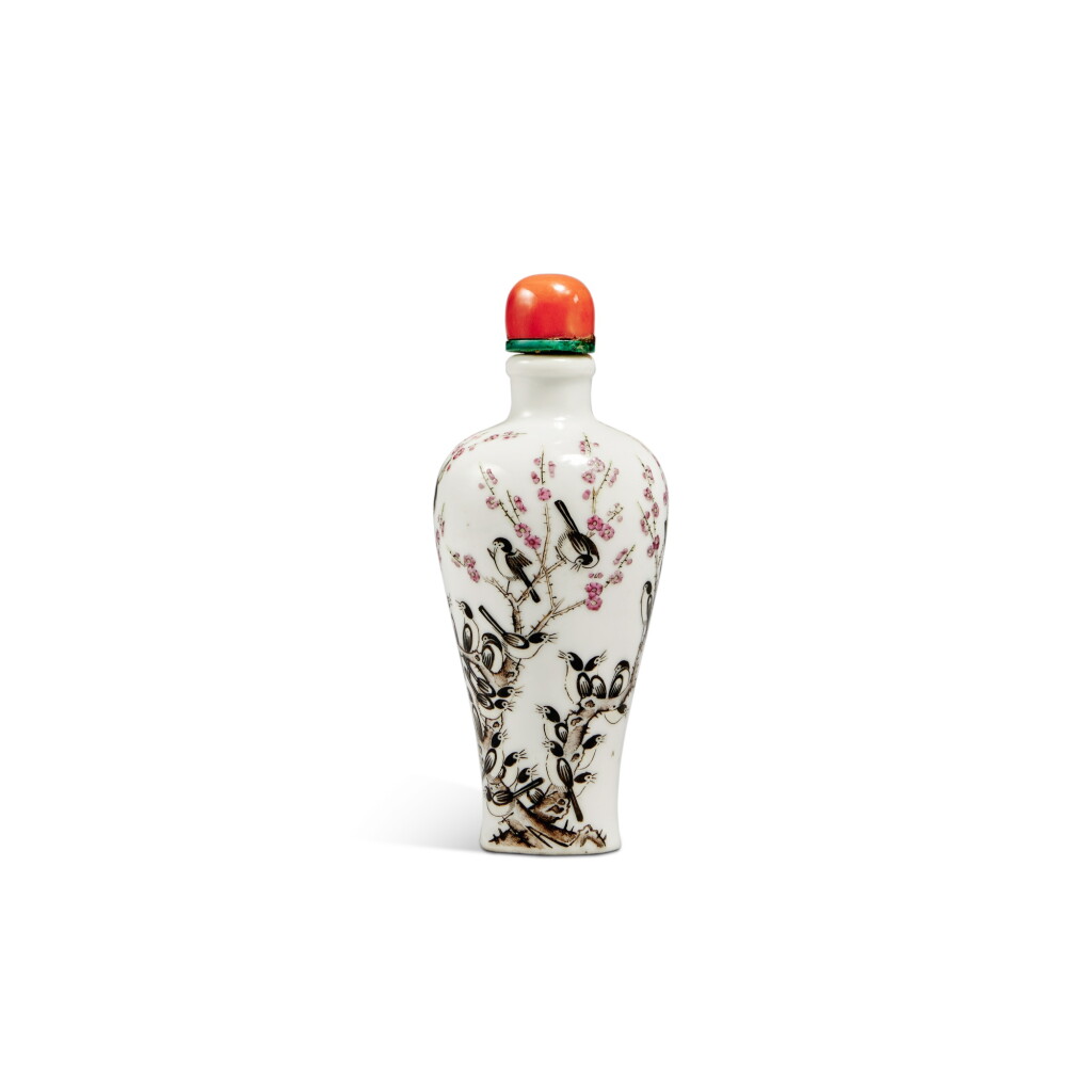View full screen - View 1 of Lot 27. A famille-rose 'prunus and magpie' snuff bottle, Late Qing dynasty.
