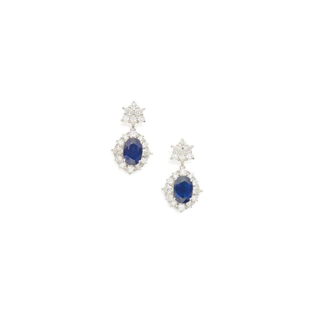 View full screen - View 1 of Lot 252. SAPPHIRE AND DIAMOND PENDANT-EARRINGS.