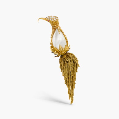 View full screen - View 1 of Lot 31. Baroque Pearl and Diamond Bird Brooch.