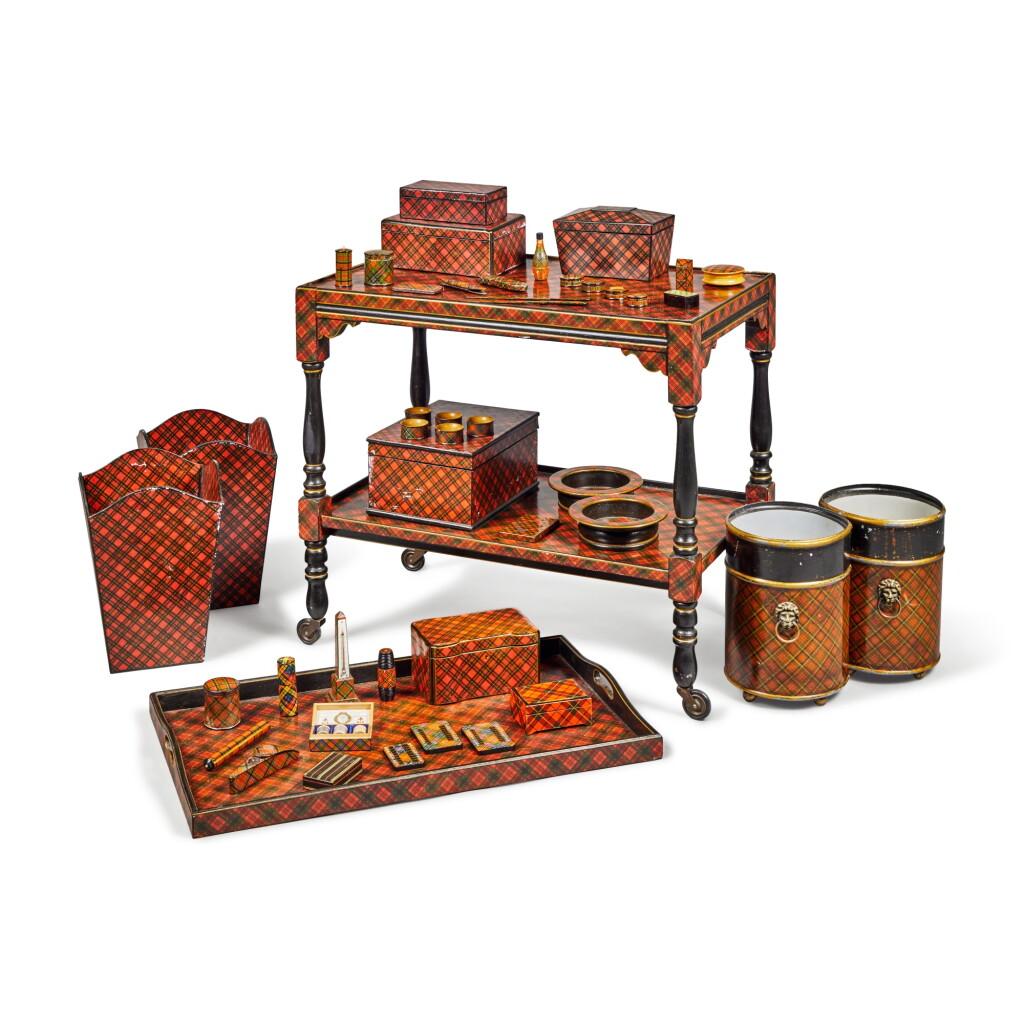 View full screen - View 1 of Lot 235. An Assorted Collection of Late Victorian Tartanware Objects and a Tea Trolley with detachable Tray, Last Quarter 19th Century.