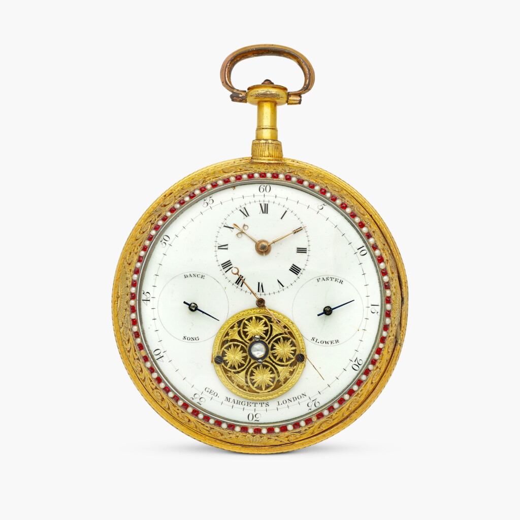 View full screen - View 1 of Lot 2309. An exceptionally rare gilt, paste and pearl-set openface keywound two train double dialled musical automaton centre seconds coach watch, Circa 1780.