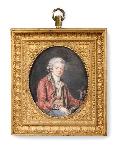 View full screen - View 1 of Lot 26. An important Belgian oval miniature on ivory representing Dominique Vivant Denon, Pierre Adolphe Hall, circa 1786 | Importante miniature ovale sur ivoire représentant Dominique Vivant Denon par Pierre Adolphe Hall, Belgique, vers 1786.
