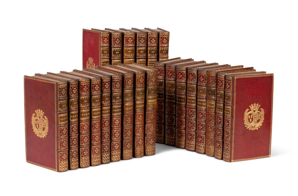 View full screen - View 1 of Lot 84. Essais de morale... 1755-1768. 24 vol. in-12. Maroquin rouge aux armes de la comtesse de Provence.