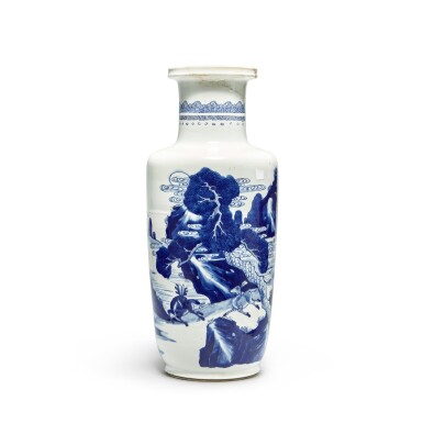 View full screen - View 1 of Lot 72. A blue and white 'deer and crane' rouleau vase, Qing dynasty, Kangxi period.