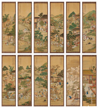 View full screen - View 1 of Lot 762. After Gu Jianlong, Scenes of daily life from Shijing, ink and color on silk, twelve hanging scrolls | 顧見龍 (款) 豳风七月織耕圖 設色絹本 十二立軸.