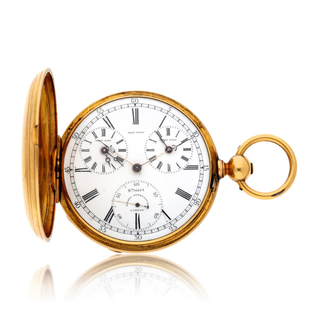 View full screen - View 1 of Lot 154. A Gold Hunting Cased Lever Watch with 'Ship's Time' and Two Additional Time Zones for 'East' and 'West' 'Marine Recorder', Circa 1860, No. 36662.