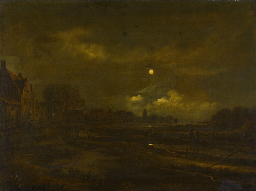 View full screen - View 1 of Lot 164. A moonlit river landscape with a village, a windmill and church beyond, with travellers on a path in the foreground.