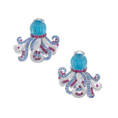 View full screen - View 1 of Lot 406. Pair of Blue Topaz, Gemstone and Diamond Earclips.