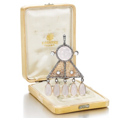 View full screen - View 1 of Lot 1275. A Fabergé jewelled platinum and gold-mounted chalcedony pendant brooch, A. Holmström, St Petersburg, 1899-1904.