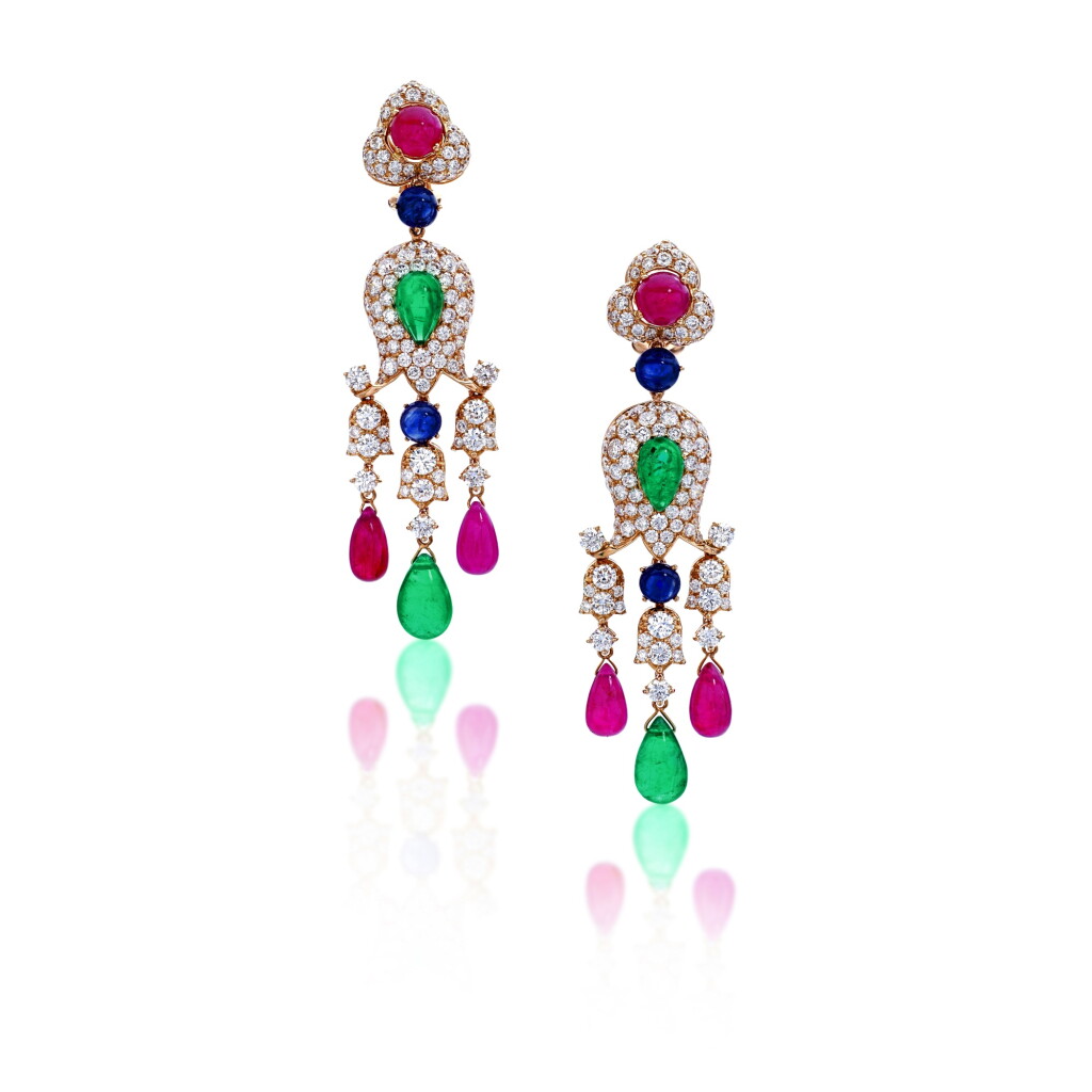 View full screen - View 1 of Lot 852. Pair of Gem-Set and Diamond Pendent Earrings.