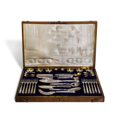 View full screen - View 1 of Lot 44. ANTIQUE EARLY-20TH CENTURY IMPERIAL RUSSIAN SOLID SILVER CONDIMENTS CUTLERY SET, VARIOUS MAKERS, MOSCOW & ST PETERSBURG.