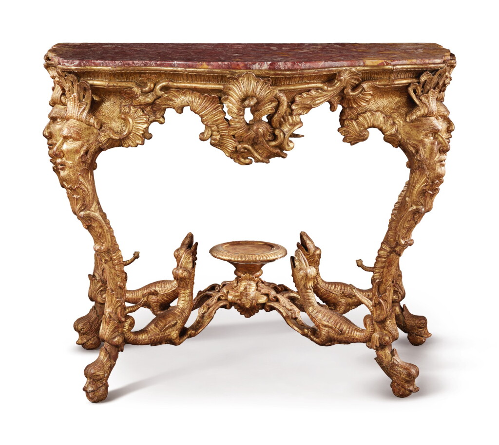 View full screen - View 1 of Lot 119. A ROCOCO GILTWOOD CONSOLE WITH INSET BROCATELLE D'ESPAGNE TOP, PROBABLY NORTH ITALIAN, POSSIBLY GENOA, SECOND QUARTER 18TH CENTURY.