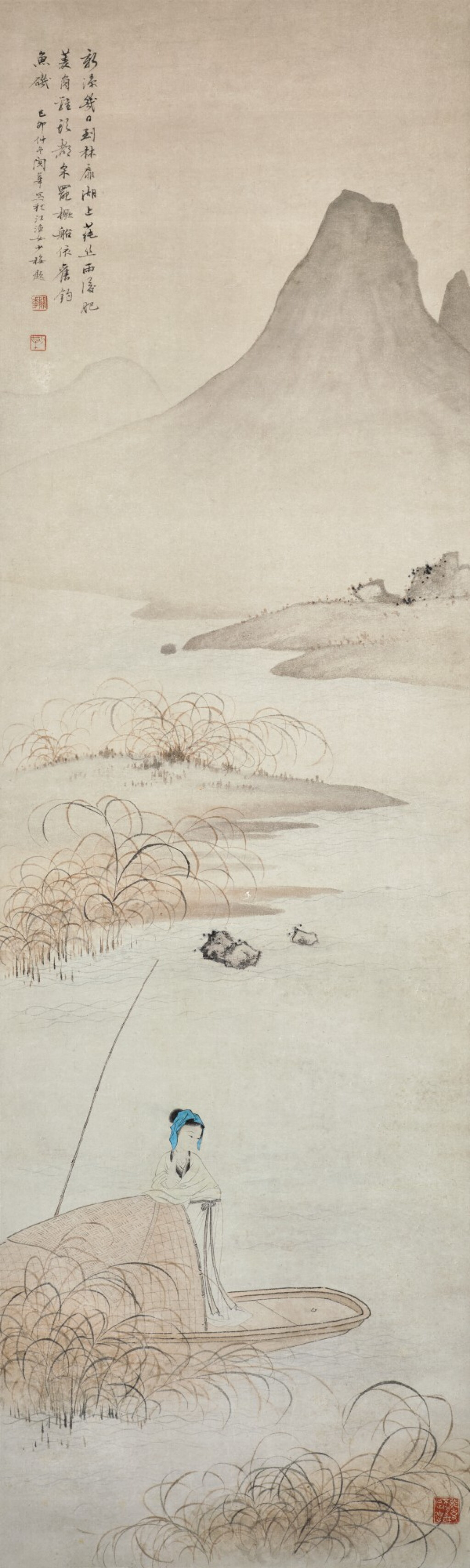 View full screen - View 1 of Lot 46. GUAN HUA, LADY BY THE BOAT | 關華 《漁女》 設色紙本 立軸.
