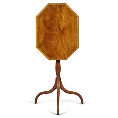 View full screen - View 1 of Lot 10. A Fine Federal Inlaid and Figured Mahogany Candlestand, Massachusetts, Circa 1800.