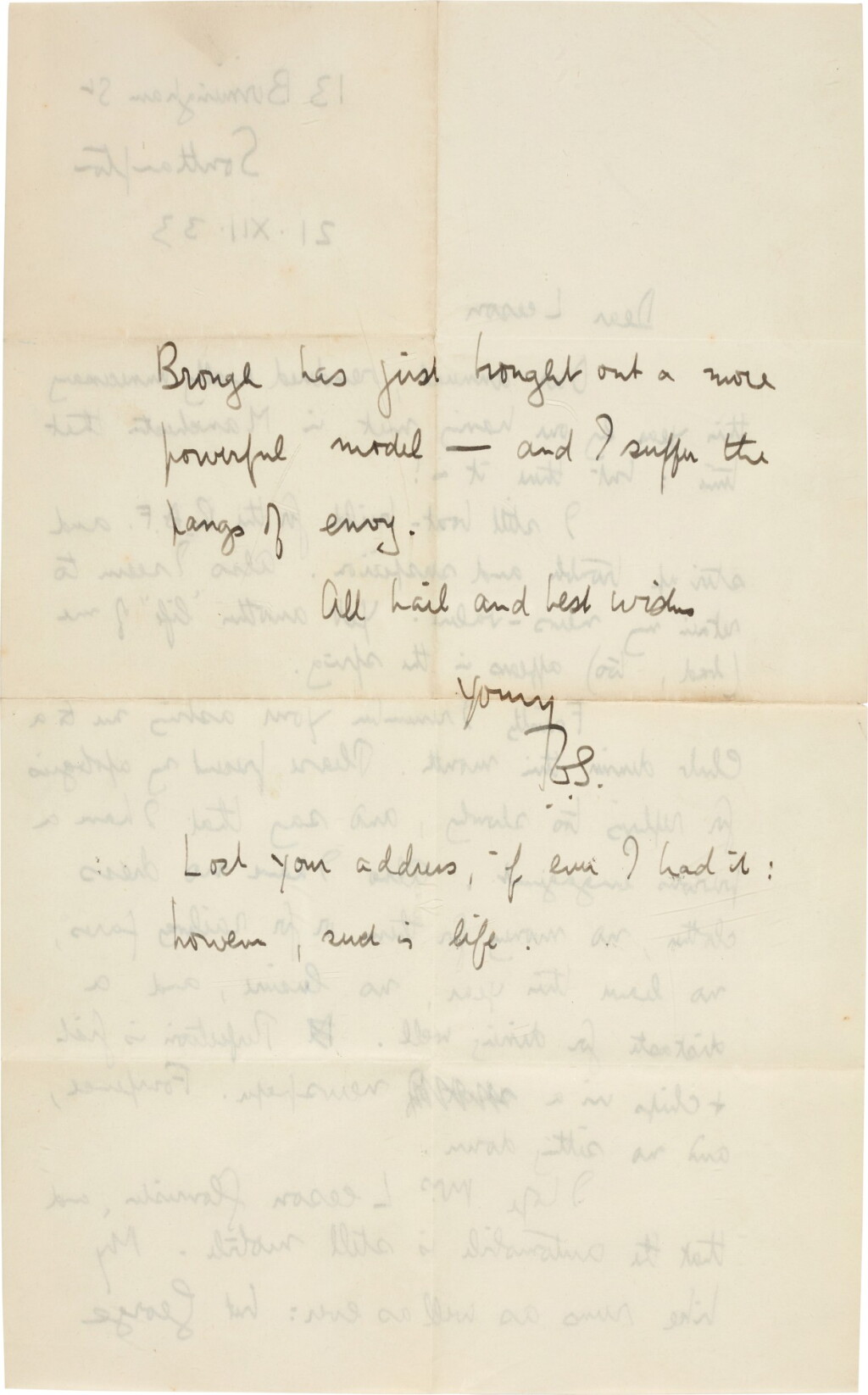 View full screen - View 1 of Lot 78. T. E. Lawrence | Autograph letter signed, to Leeson, on biographers and his simple lifestyle, 21 December 1933.