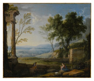 View full screen - View 1 of Lot 640. Classical landscape with ancient ruins, figures in the foreground.