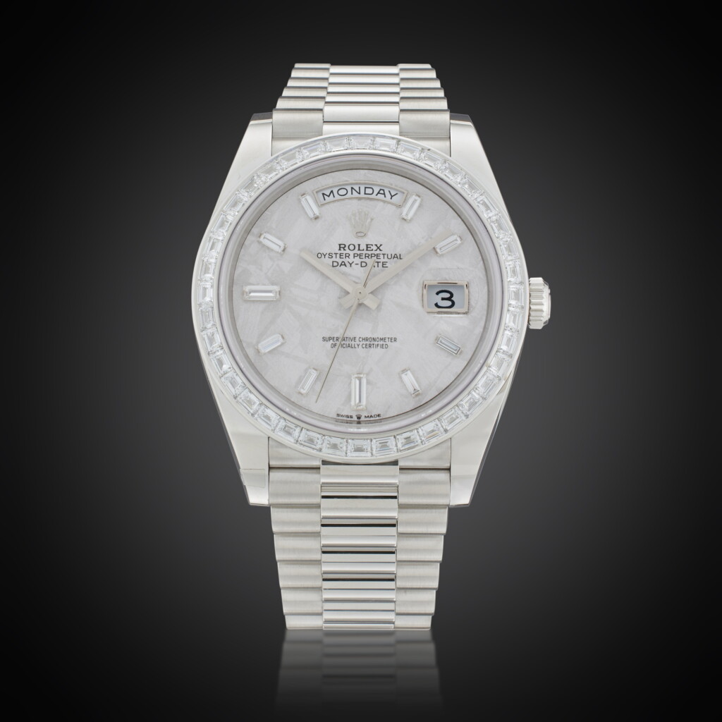 View full screen - View 1 of Lot 13. Reference 228396TBR Day-Date | A platinum and diamond-set automatic wristwatch with day, date, meteorite dial and bracelet, Owned and Worn by Tom Brady, Circa 2021.