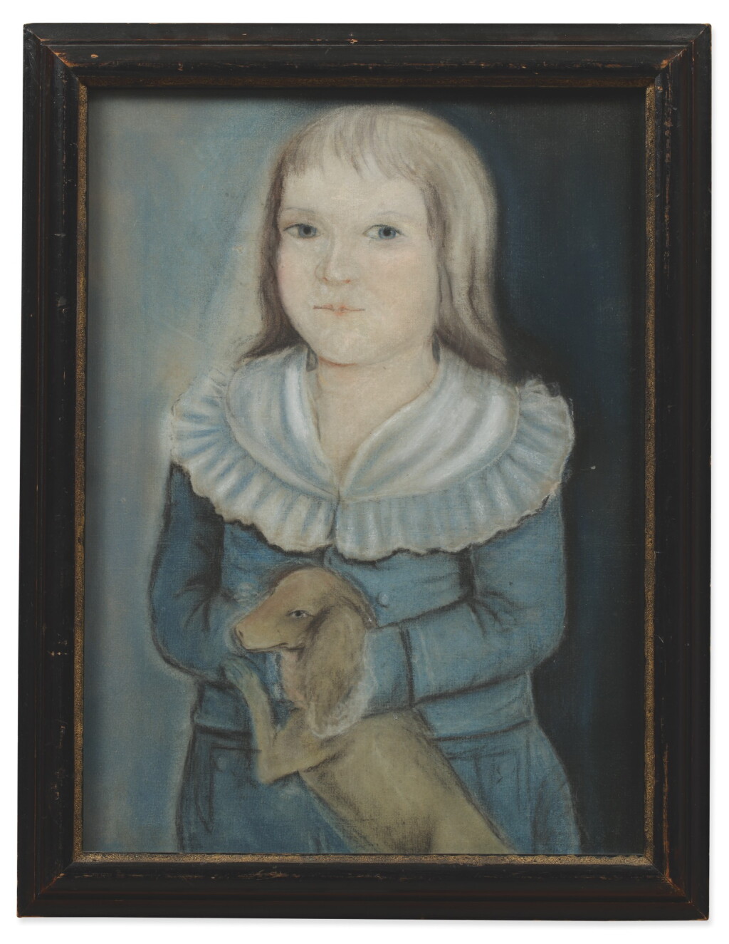 View full screen - View 1 of Lot 146. SARAH PERKINS | PORTRAIT OF A BLONDE HAIRED YOUNG BOY IN A BLUE SUIT WITH WHITE RUFFLED COLLAR EMBRACING HIS PET DOG.