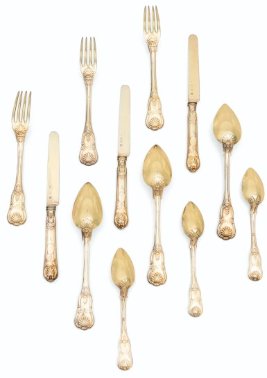 View full screen - View 1 of Lot 111. A SILVER-GILT 48-PIECE DESSERT FLATWARE SET, FRANÇOIS-DOMINIQUE NAUDIN, THE KNIVES JEAN-BAPTISTE MASSAT, PARIS, 1826-1838 | MÉNAGÈRE À ENTREMETS EN VERMEIL DE 48 PIÈCES PAR FRANÇOIS-DOMINIQUE NAUDIN, LES COUTEAUX PAR JEAN-BAPTISTE MASSAT, PARIS, 1826-1838.