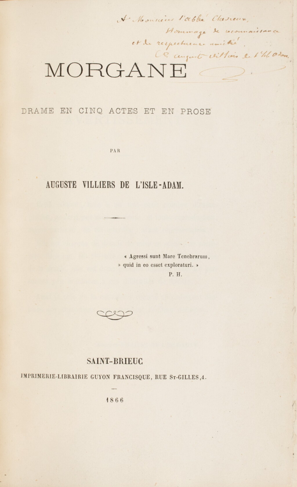 View full screen - View 1 of Lot 212. VILLIERS DE L'ISLE-ADAM. Morgane. 1866. Mar. doublé Marius Michel. Très rare édition originale. Envoi a.s..