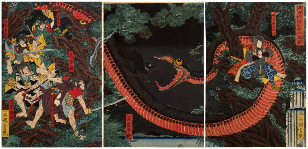 View full screen - View 1 of Lot 136. Utagawa Yoshitsuya (1822-1866) | Yorimitsu Tries to Capture Hakamadare by Destroying His Magic (Kijutsu o yabutte Yorimitsu Hakamadare o karamen to su) | Edo period, 19th century.