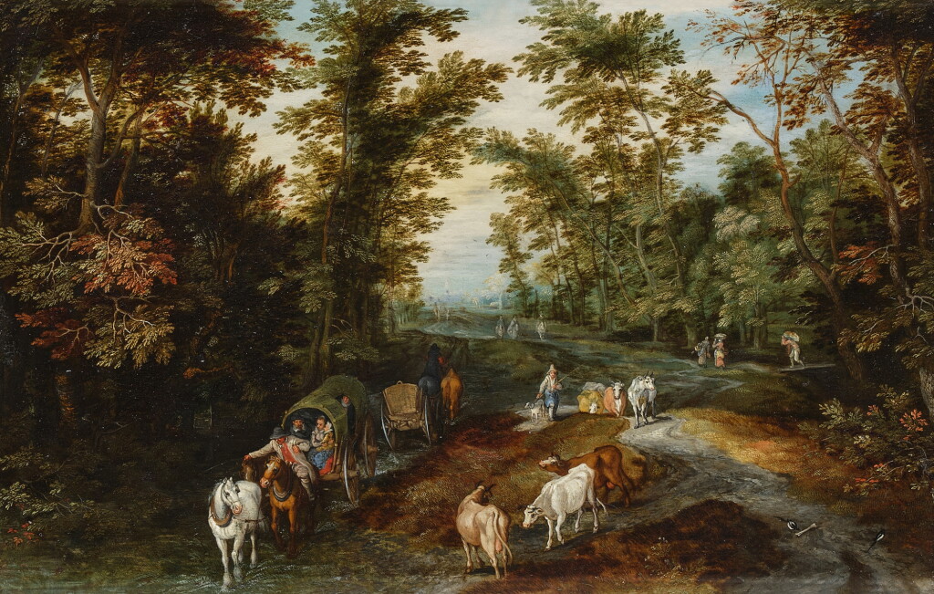 View full screen - View 1 of Lot 15. A woodland road with travellers, herdsmen and cattle.