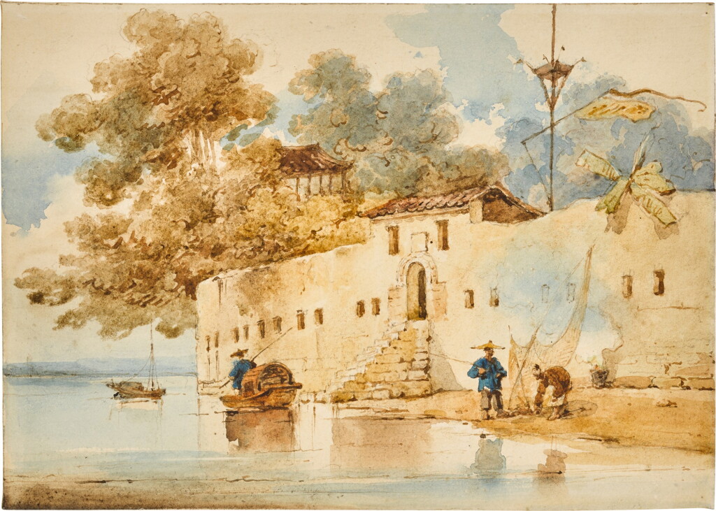 View full screen - View 1 of Lot 27. Boat and people near a fort in Canton.