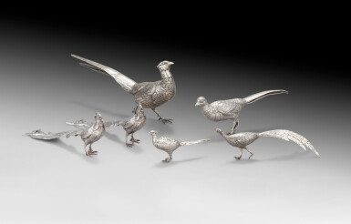 View full screen - View 1 of Lot 15. A group of six silver pheasants, probably Germany, 20th century | Groupe de six faisans en argent, probablement Allemagne, XXe siècle.