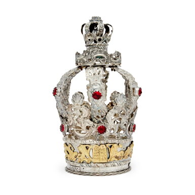 View full screen - View 1 of Lot 58. A Parcel-Gilt Silver Torah Crown Set with "Jewels", Probably Polish, Late 18th Century.