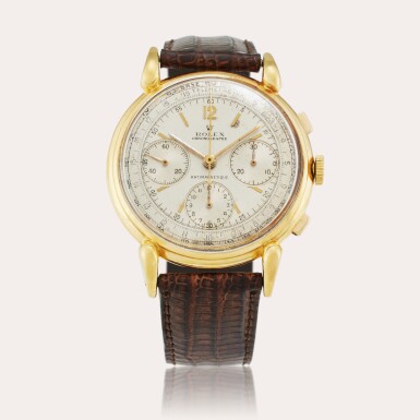 View full screen - View 1 of Lot 36. Reference 4313 | A yellow gold antimagnetic chronograph wristwatch, Owned and Worn by Film Producer and Writer Harold Gast, Circa 1940.