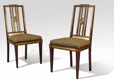 View full screen - View 1 of Lot 108. A pair of Russian gilt-brass mounted mahogany side chairs, first half 19th century.