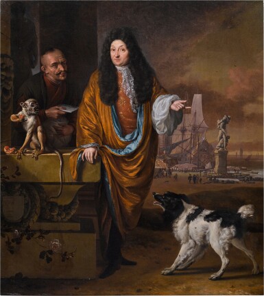 View full screen - View 1 of Lot 318. A portrait of the merchant A. van Goor by a harbour, with a servant, a dog, and a monkey.