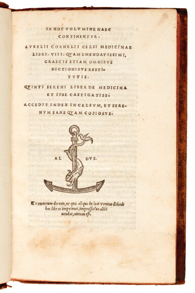 View full screen - View 1 of Lot 170. Celsus, Medicinae libri VIII, Venice, Aldus, 1528, later calf.