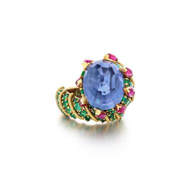 View full screen - View 1 of Lot 106. Sapphires and emerald ring .