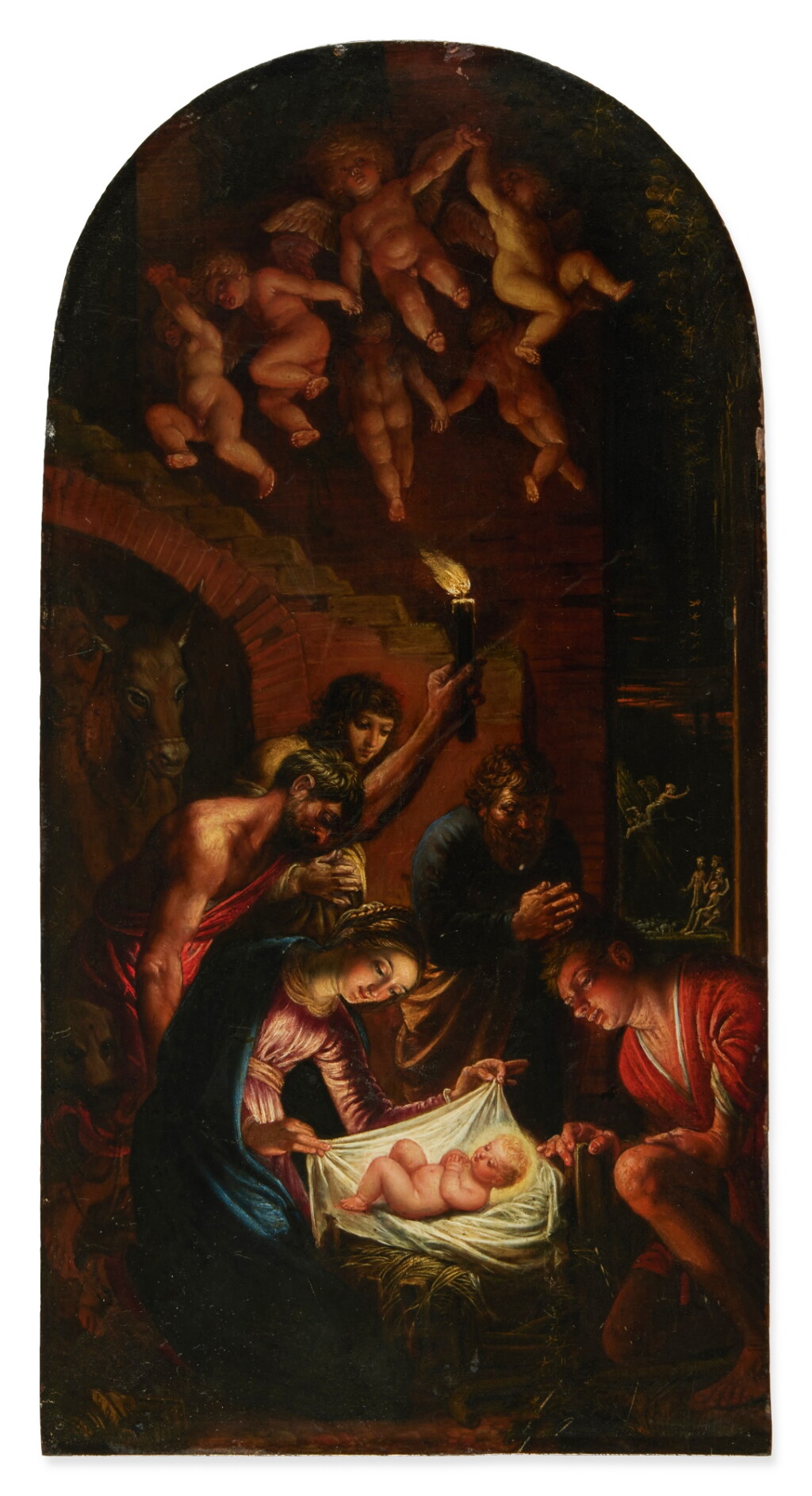 View full screen - View 1 of Lot 436. Adoration of the shepherds with a circle of angels above.
